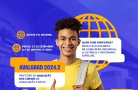 A Assessoria de Avaliação Institucional convida estudantes e professores para a Avaliação dos Cursos de Graduação (Avalgrad 2024.2), que ocorrerá de 27/12/2024 a 06/01/2025, via SigUEMA. O objetivo é identificar potencialidades e fragilidades institucionais, contribuindo para o planejamento e decisões que promovam a melhoria contínua do ensino, pesquisa e extensão.